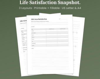 Questionário imprimível sobre satisfação com a vida, 3 layouts, avaliação de áreas da vida, PDF preenchível, formato A4/Carta