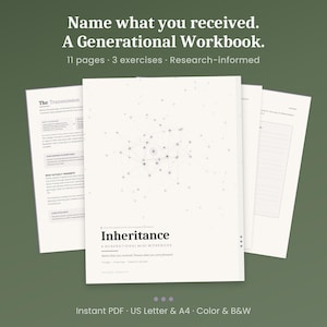 May include: A stack of white workbooks with the title "Inheritance" and the text "A Generational Mini Workbook." The cover features a network graphic. The text "Name what you received. Choose what you carry forward" is also visible. The workbook is available in US Letter and A4 sizes.