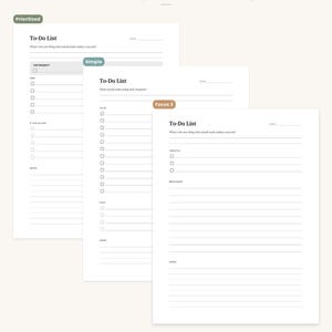 May include: Three white printable to-do list templates with different layouts. The layouts include prioritized tiers, a simple checklist, and a focused top-3. The text on the image says "3 Layout Options" and "Printable + Fillable".