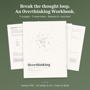 以下が含まれることがあります： 「Overthinking」というタイトルの白いワークブックの束と「Break the thought loop」というテキスト。ワークブックには11ページ、3つのエクササイズが含まれており、研究に基づいています。 USレターとA4サイズで、カラーと白黒で利用できます。