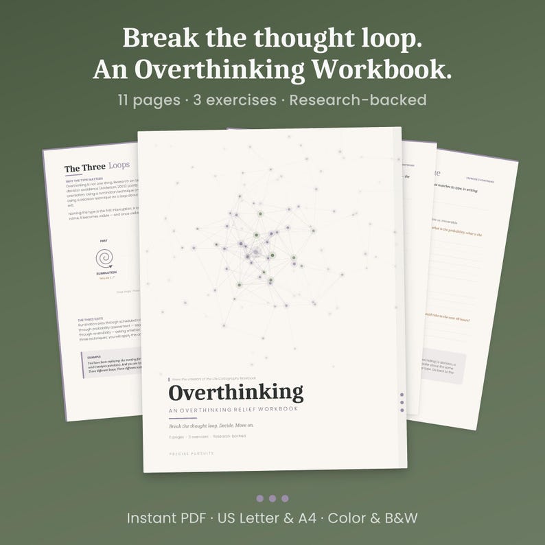 Puede incluir: Una pila de cuadernos blancos con el t&iacute;tulo "Overthinking" y el texto "Break the thought loop." El cuaderno incluye 11 p&aacute;ginas, 3 ejercicios y est&aacute; respaldado por la investigaci&oacute;n. Disponible en tama&ntilde;os US Letter y A4, en color y B/N.