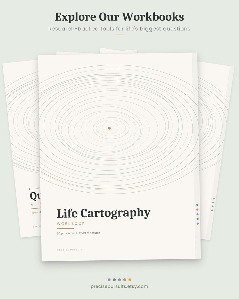 May include: Three workbooks with the title "Life Cartography" are displayed. The cover features a concentric circle design in gray and a small brown dot at the center. The text "Explore Our Workbooks" and "Research-backed tools for life's biggest questions" are at the top.