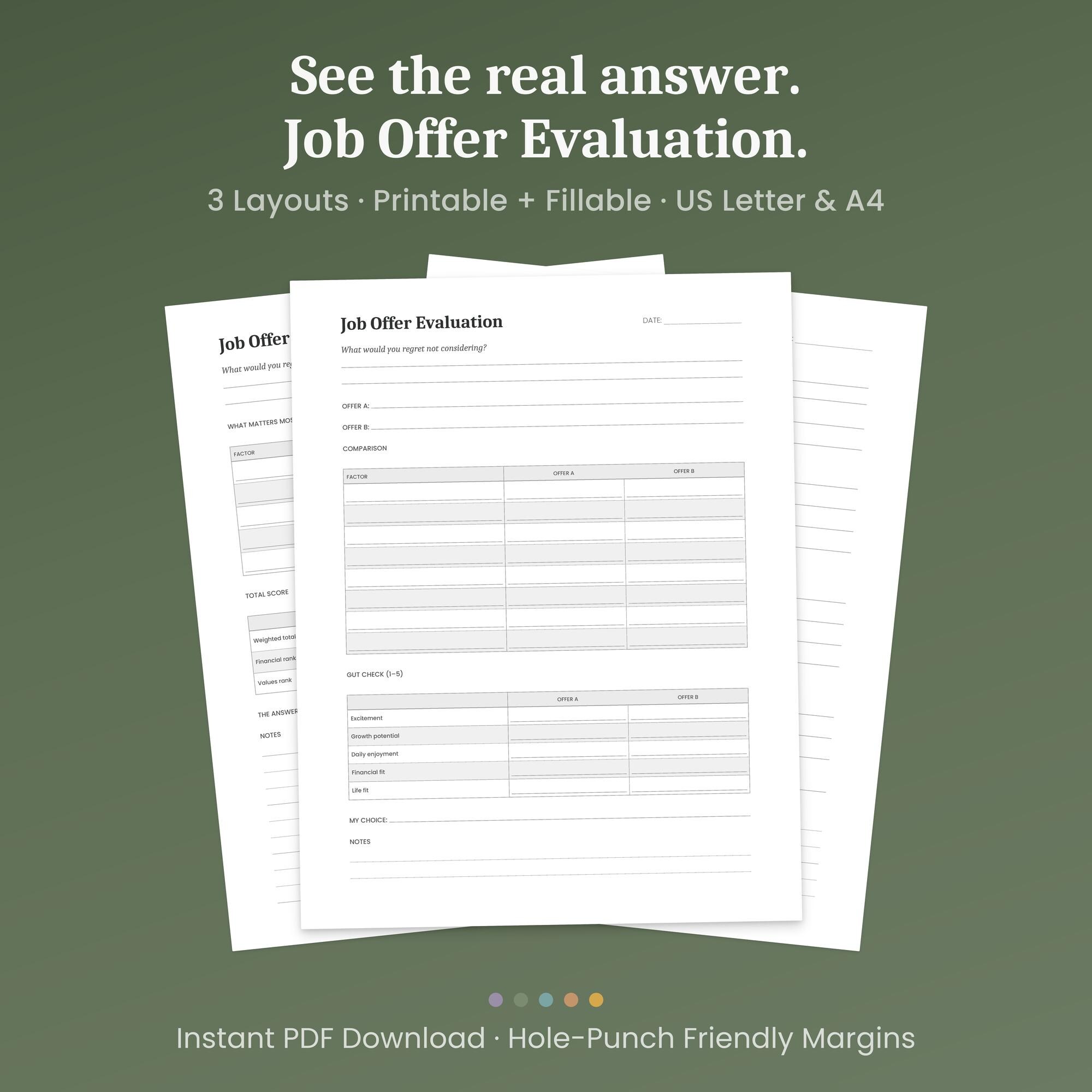 Job Offer Comparison Worksheet, 3 Layouts, Printable Career Decision ...