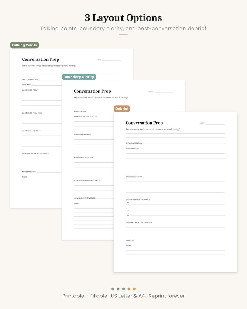 Difficult Conversation Prep Worksheet, 3 Layouts, Boundary Setting ...