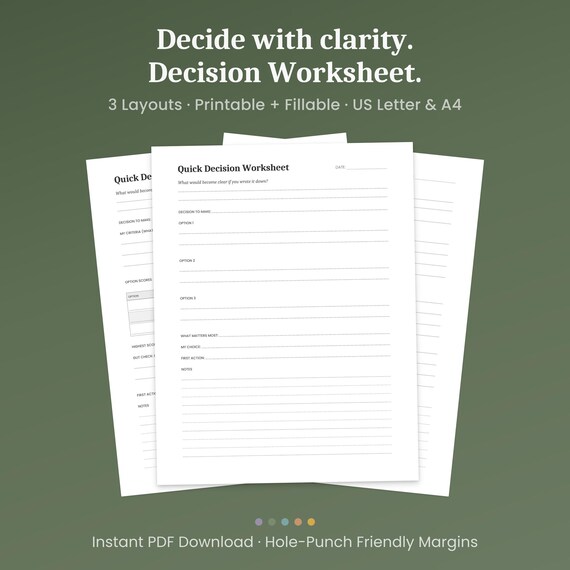 Decision Worksheet Printable, 3 Layouts, Pros Cons & Weighted Options, Fillable PDF, A4 Letter