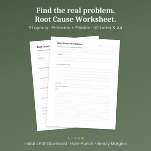 Può includere: Due fogli di lavoro bianchi di Root Cause Worksheet su sfondo verde. I fogli di lavoro hanno un titolo e sezioni per l'identificazione del problema, l'analisi delle cause principali e la pianificazione delle azioni. Il testo in alto recita "Find the real problem. Root Cause Worksheet."