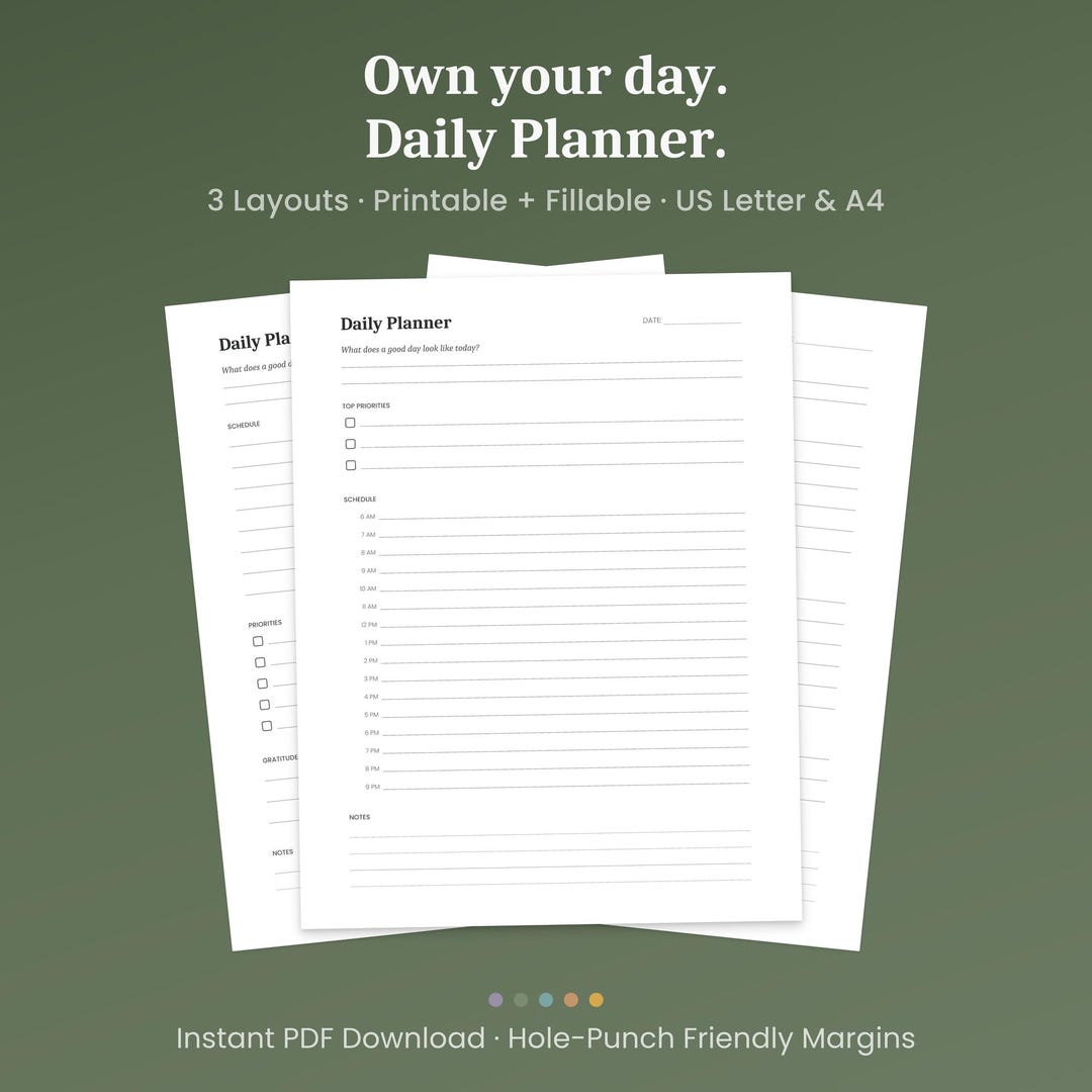 Daily Planner Printable, 3 Layouts, Undated Time Block Schedule ...