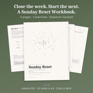 Puede incluir: Varios cuadernos blancos con el título "Sunday Reset" en texto negro. La portada presenta un diseño geométrico. El texto dice: "Cierra la semana. Empieza la siguiente. 11 páginas, 3 ejercicios, con respaldo de investigación."