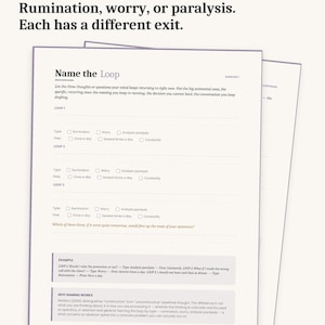 Puede incluir: Una hoja de trabajo titulada "Name the Loop" con texto sobre la rumiaci&oacute;n, la preocupaci&oacute;n y la par&aacute;lisis. El ejercicio incluye secciones para completar y un ejemplo. La parte superior de la p&aacute;gina dice "EJERCICIO 1 - NAME THE LOOP."