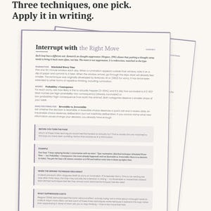 Puede incluir: Una p&aacute;gina blanca con el t&iacute;tulo "Interrupt with the Right Move" y texto sobre t&eacute;cnicas para gestionar el pensamiento repetitivo. El texto incluye las frases "Matched, not generic" y "Apply it in writing".