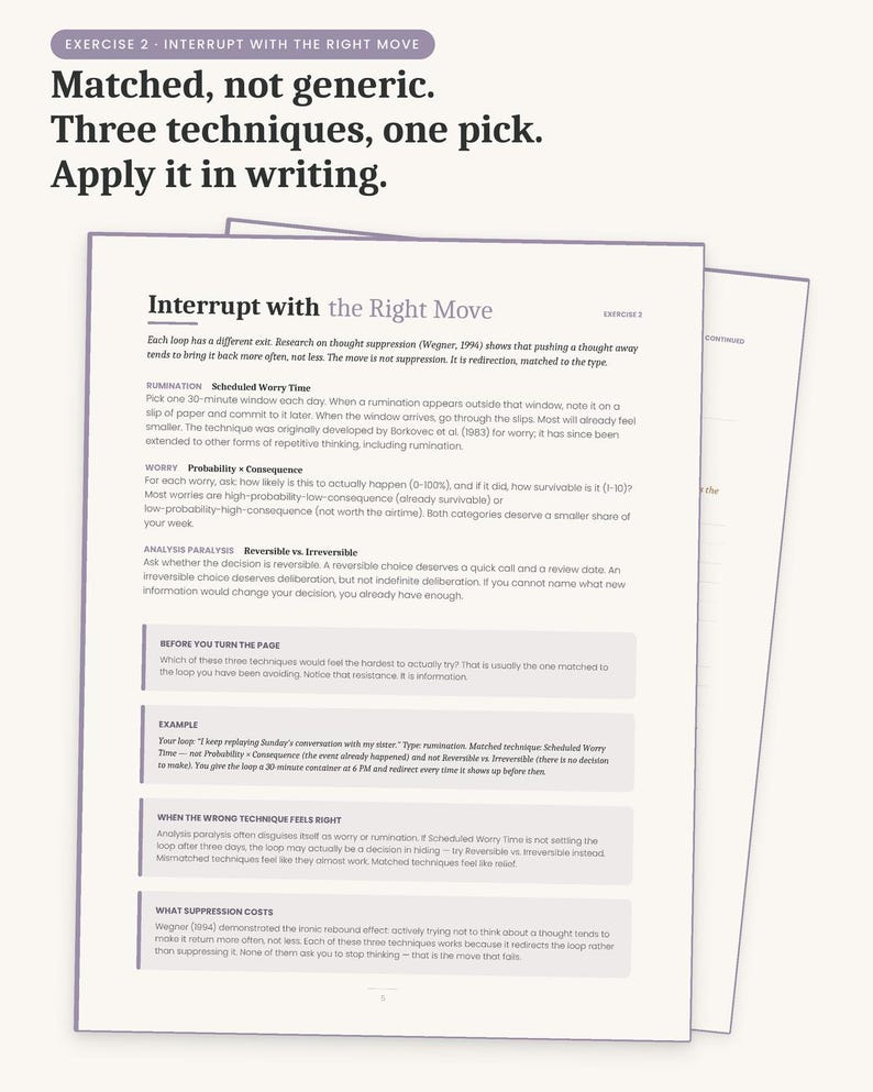 Puede incluir: Una p&aacute;gina blanca con el t&iacute;tulo "Interrupt with the Right Move" y texto sobre t&eacute;cnicas para gestionar el pensamiento repetitivo. El texto incluye las frases "Matched, not generic" y "Apply it in writing".