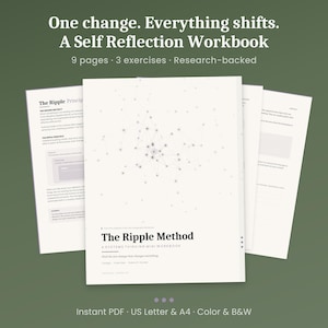 May include: A white workbook titled "The Ripple Method" with the text "One change. Everything shifts." The workbook is for self-reflection and has a network design on the cover. It contains 9 pages, 3 exercises, and is research-backed.