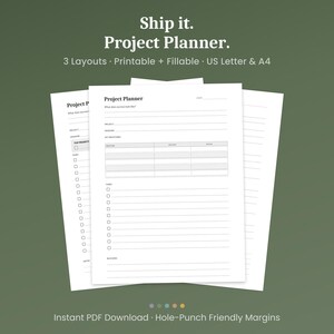 Utskrivbar projektplanerare, 3 layouter, milstolpar, uppgifter och faser, ifyllbar PDF, A4-brev