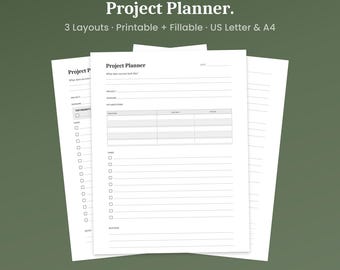Planer projektu do druku, 3 układy, zadania i fazy kamieni milowych, plik PDF do wypełnienia, format A4 Letter