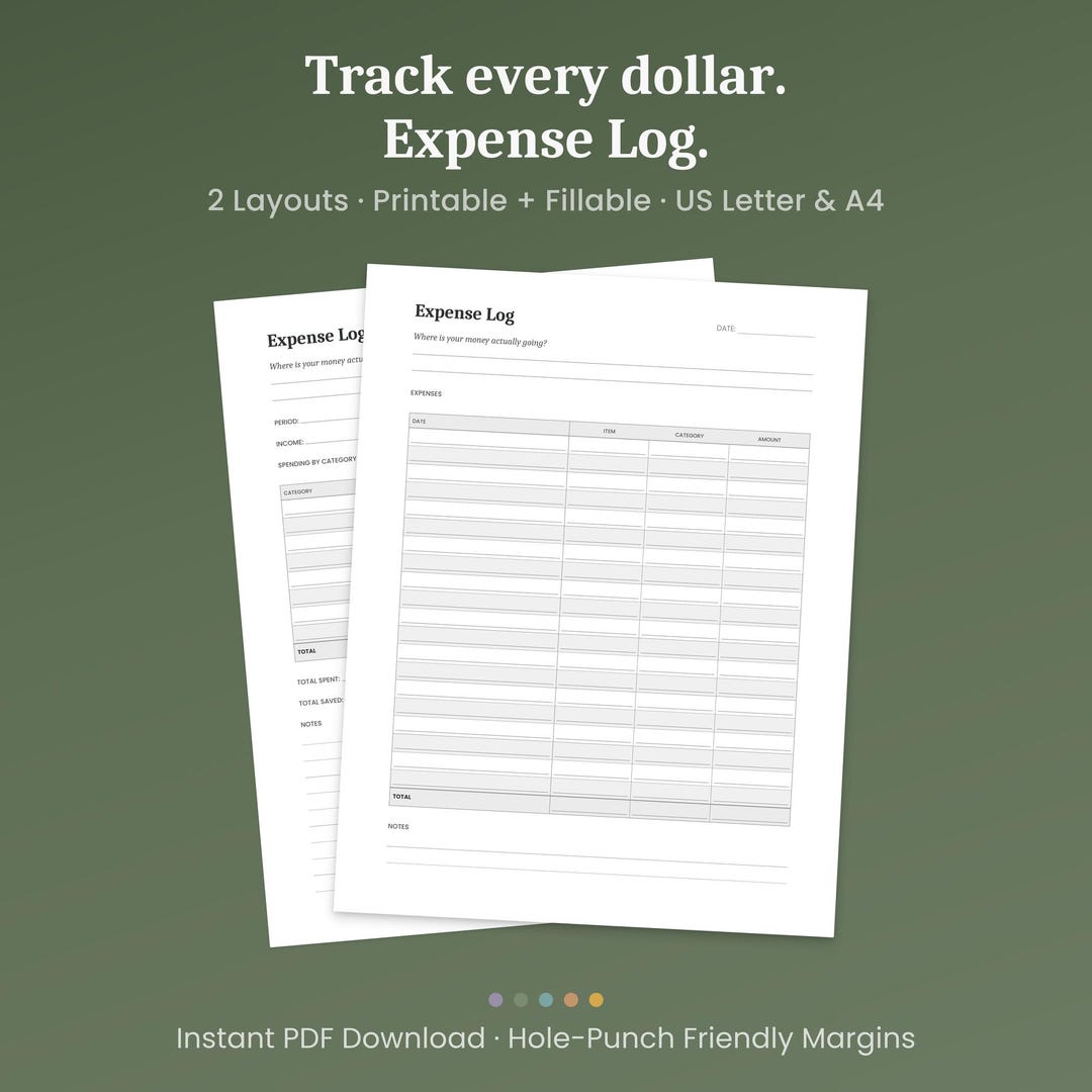 Expense Log Printable, 2 Layouts, Transaction & Spending Summary ...