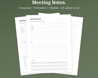 Notatki ze spotkań do druku, 3 układy, agenda i dziennik decyzji, plik PDF do wypełnienia, format A4 Letter