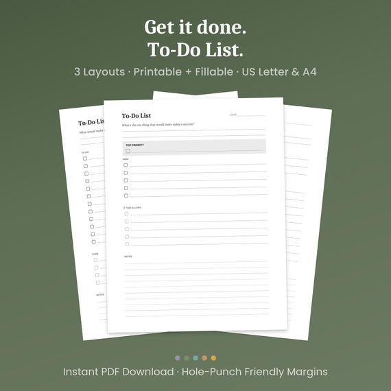 To-Do List Printable, 3 Layouts, Brain Dump & Priority Tiers, Fillable PDF, A4 Letter
