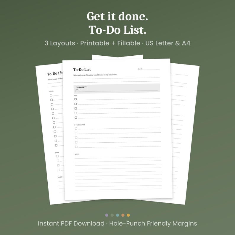 May include: White To-Do List printable sheets with the text "Get it done. To-Do List." The sheets have a layout for tasks, top priority, and notes. The design includes 3 layouts, printable and fillable, in US Letter and A4 sizes.