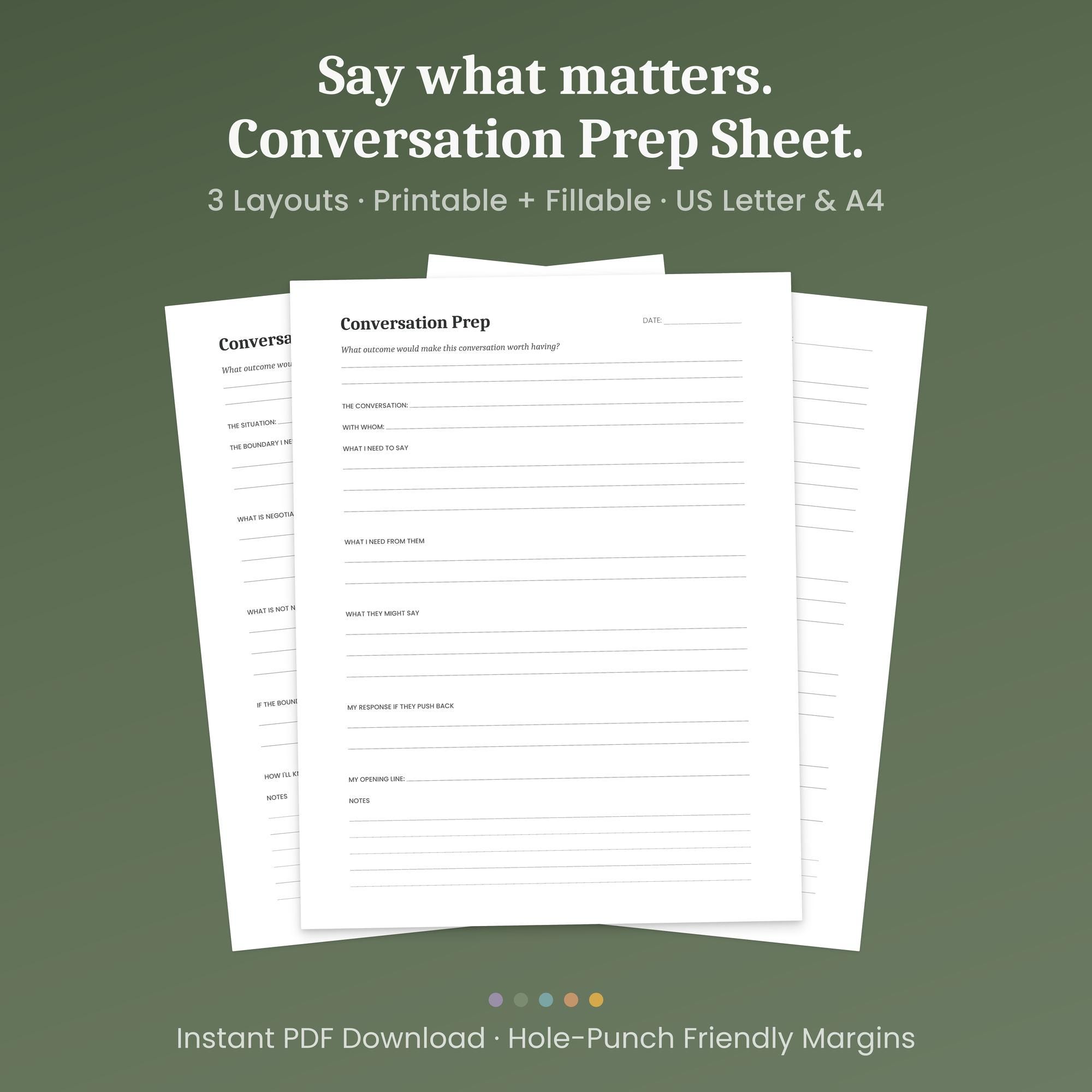 Difficult Conversation Prep Worksheet, 3 Layouts, Boundary Setting ...