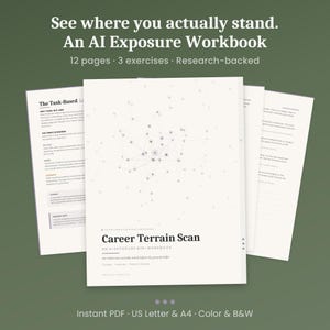 May include: A stack of white workbooks with the title "Career Terrain Scan" and the text "An AI Exposure Mini Workbook." The cover features a network graphic. The text "See where you actually stand. An AI Exposure Workbook" is at the top.