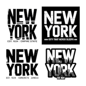 以下が含まれることがあります： 「NEW YORK」の文字が特徴的な白黒のデザインが4つ。各デザインには「EST. 1624」、「EMPIRE STATE」、「CITY THAT NEVER SLEEPS」、「CONCRETE JUNGLE」などの追加テキストが含まれています。