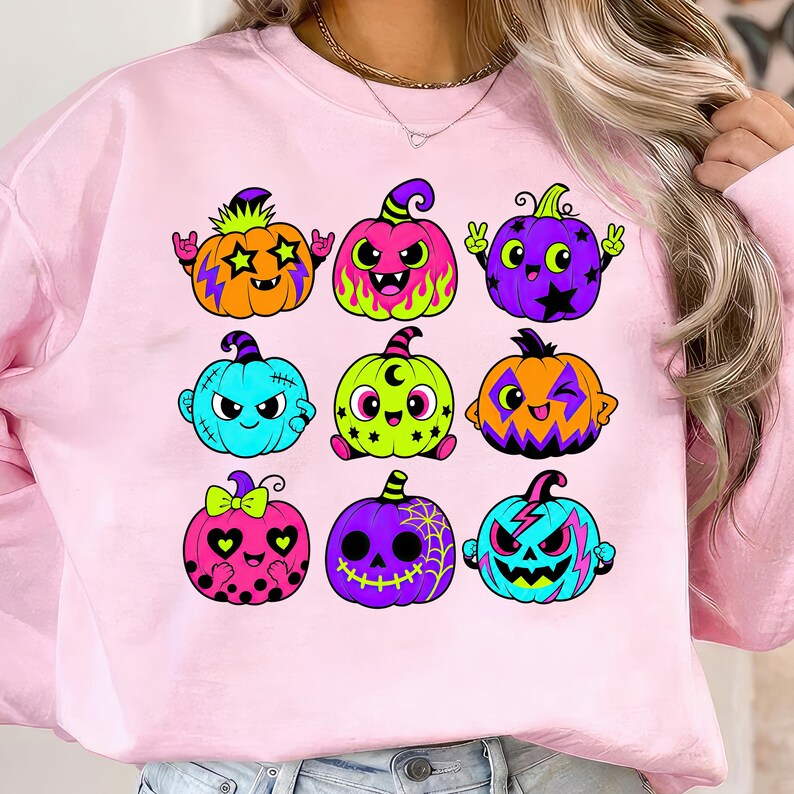 Puede incluir: Una sudadera rosa claro con un estampado gr&aacute;fico de nueve calabazas de dibujos animados coloridas. Las calabazas est&aacute;n decoradas con varios patrones, incluyendo estrellas, rayos, llamas, lunares y telara&ntilde;as en colores ne&oacute;n.