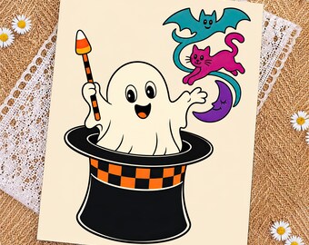 Sombrero de mago fantasma de Halloween PNG, imágenes prediseñadas de gato espeluznante, murciélago y luna, sublimación de camiseta de Halloween, ilustraciones para fiestas de disfraces de temporada, descarga digital