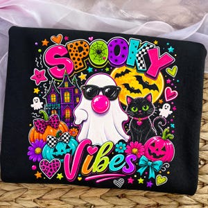Spooky Vibes PNG, Cute Ghost Cat Halloween Shirt Design, Neon Retro Fall Sublimation, Colorful Spooky Season Graphic