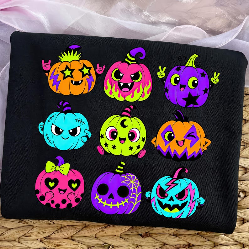 Puede incluir: Una camiseta negra con un estampado gr&aacute;fico de nueve calabazas de dibujos animados coloridas. Cada calabaza muestra una expresi&oacute;n &uacute;nica y colores ne&oacute;n vibrantes, incluyendo naranja, rosa, morado, verde lima y cian, dispuestas en una cuadr&iacute;cula.