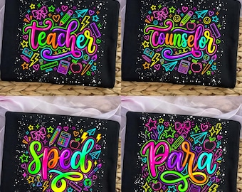 Paquete de imágenes PNG de personal escolar neón, diseño de camiseta para maestro, consejero, asistente de educación especial, ilustraciones para sublimación de aula, descarga digital imprimible.
