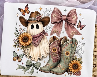 Western Coquette Ghost PNG, Cowgirl Fall Shirt Design, Floral Checker Bow, Country Spooky Season Sublimation Art, Digital Download File