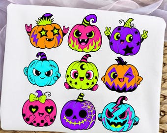 Calabazas de Halloween de neón PNG, diseño retro de Jack O' Lantern, sublimación para camisetas de Halloween, gráfico artístico para fiestas de disfraces de temporada, descarga digital
