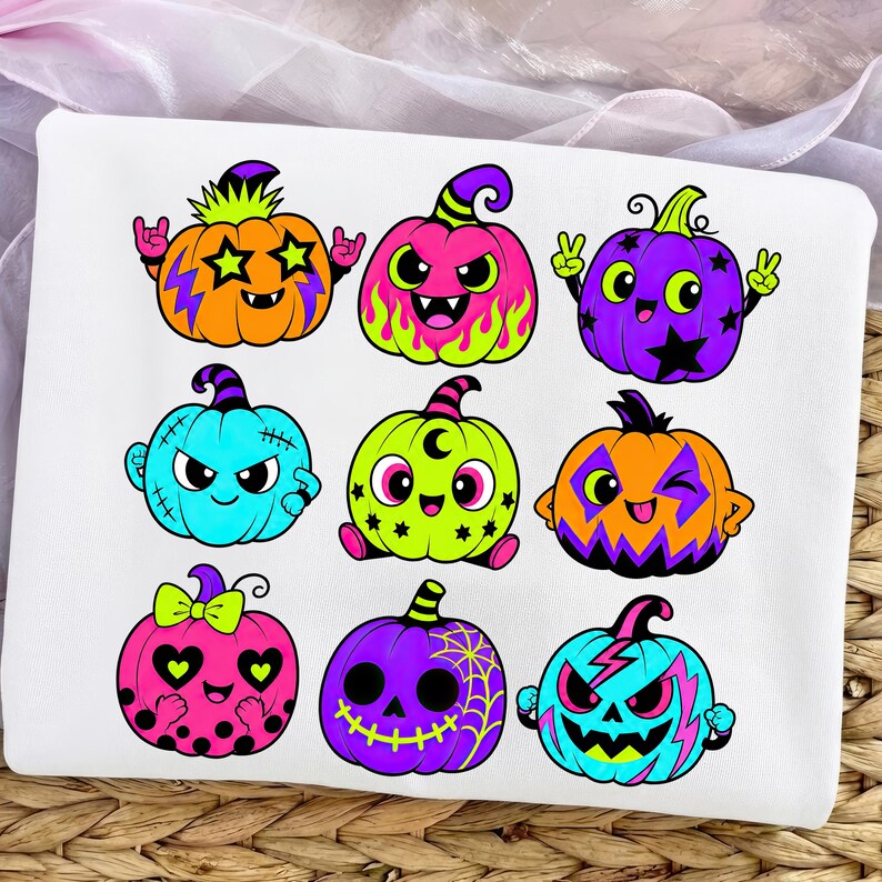 Puede incluir: Una camiseta blanca con un estampado gr&aacute;fico de nueve calabazas de dibujos animados coloridas. Las calabazas muestran diversas expresiones y patrones, incluyendo estrellas, rayos, telara&ntilde;as y lunares en tonos vibrantes de naranja, rosa, morado y azul.