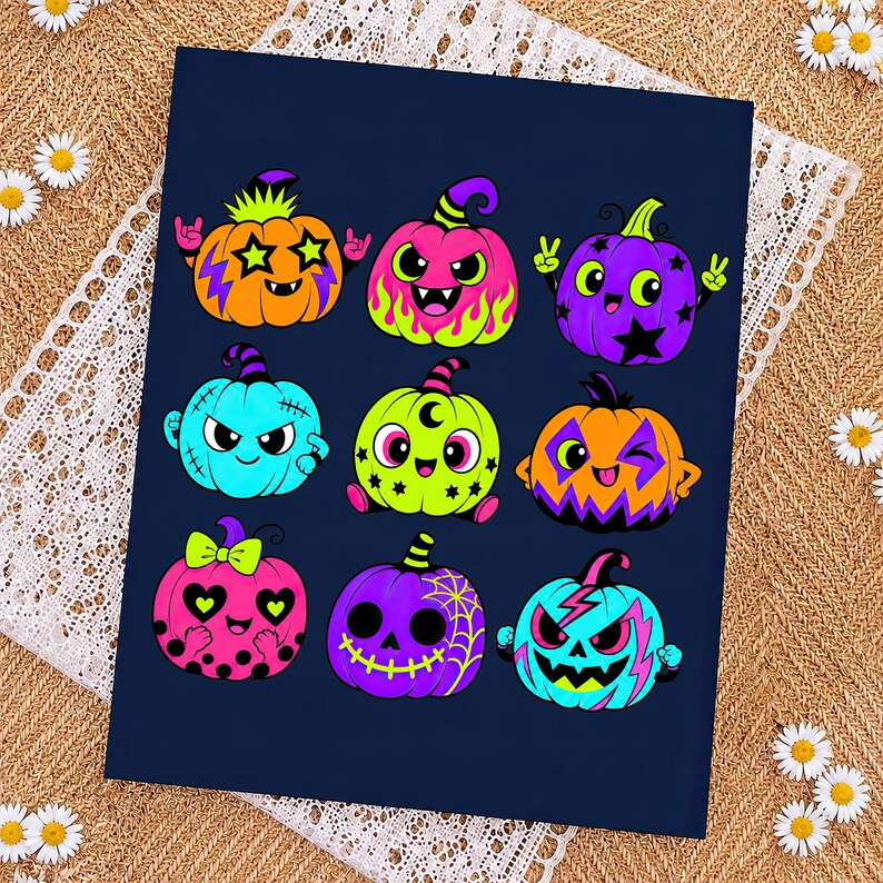 Puede incluir: Una impresi&oacute;n rectangular de color azul oscuro con nueve calabazas de dibujos animados en colores ne&oacute;n vibrantes. Las calabazas muestran diversas expresiones y patrones, incluyendo estrellas, rayos, telara&ntilde;as y lunares, en una cuadr&iacute;cula.