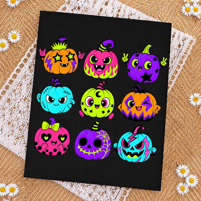 Puede incluir: Una impresi&oacute;n rectangular negra que presenta nueve calabazas de dibujos animados coloridas con diversas expresiones y patrones, incluyendo ojos en forma de estrella, rayos, telara&ntilde;as y colores ne&oacute;n brillantes como naranja, rosa, morado, verde y azul.