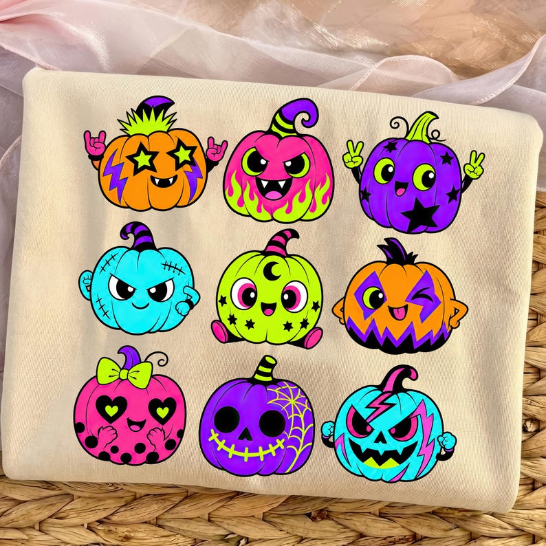 Puede incluir: Una sudadera de color crema con un estampado gr&aacute;fico de nueve calabazas de dibujos animados coloridas. Cada calabaza tiene una expresi&oacute;n y un dise&ntilde;o &uacute;nicos, incluyendo estrellas, rayos, telara&ntilde;as y lunares en tonos naranja, rosa, morado y azul.