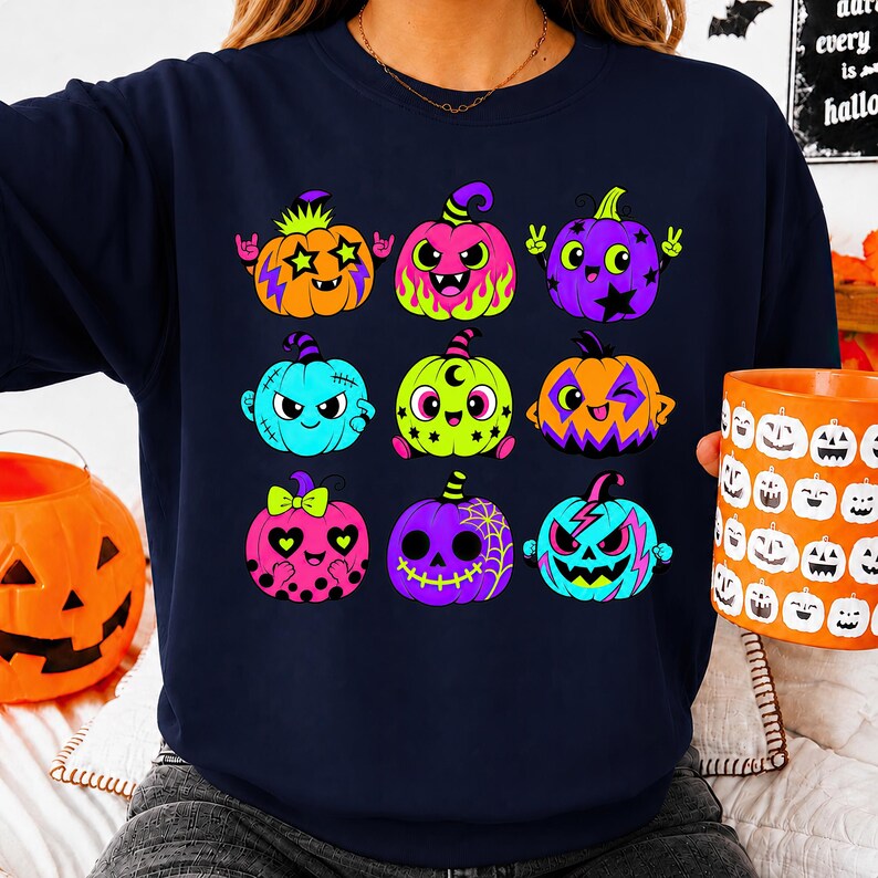 Puede incluir: Una sudadera azul marino de cuello redondo con un estampado gr&aacute;fico de nueve calabazas coloridas y estilizadas. Cada calabaza muestra una expresi&oacute;n &uacute;nica y una vibrante paleta de colores ne&oacute;n, incluyendo tonos naranja, rosa, morado, verde y azul.
