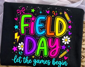 PNG de Día de Campo Colorido, Diseño de Camiseta Escolar de Neón, ¡Que Comiencen los Juegos! (Descarga Digital)