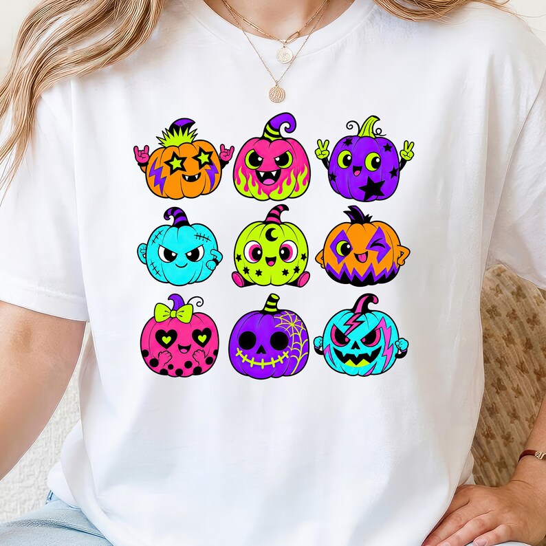 Puede incluir: Una camiseta blanca de manga corta con un estampado gr&aacute;fico de nueve calabazas de dibujos animados coloridas dispuestas en cuadr&iacute;cula. Las calabazas est&aacute;n decoradas con colores ne&oacute;n, estrellas, rayos y diversas expresiones faciales.