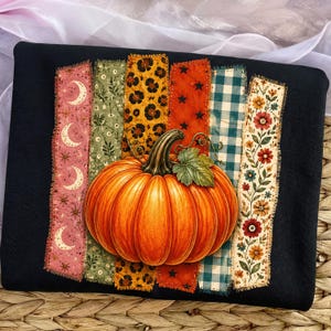 Calabaza de patchwork PNG, tiras de tela acolchadas con estampado floral de cuadros y leopardo, descarga digital para sublimación de otoño estilo preppy para Acción de Gracias