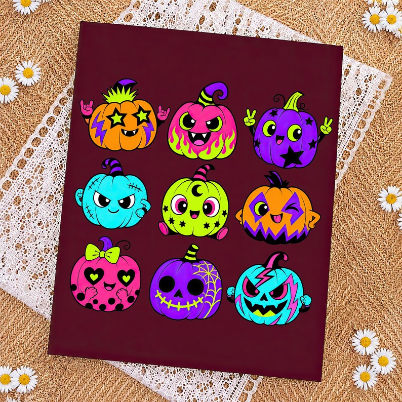 Puede incluir: Una impresi&oacute;n rectangular de color granate oscuro con nueve calabazas de dibujos animados coloridas con diversas expresiones y patrones, incluyendo ojos en forma de estrella, rayos, telara&ntilde;as y lunares en tonos ne&oacute;n vibrantes.