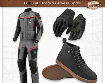 Adventure Motorcycle Riding Gear Bundle – Full Suit, Boots, Gloves – CE Armor Protection