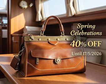 Brown Full Grain Leather Doctor Bag, Vintage Frame Handbag, Women Crossbody Satchel