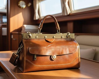 Brown Full Grain Leather Doctor Bag, Vintage Frame Handbag, Women Crossbody Satchel