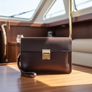 May include: A brown leather clutch with a gold-colored clasp and a wrist strap. The rectangular bag is sitting on a wooden surface, with a boat interior in the background.