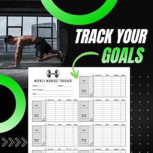 May include: A fitness-themed image with the text "TRACK YOUR GOALS" in white and black. A workout tracker is shown with spaces for exercises, sets, weight, and reps. A person is shown exercising in the background.