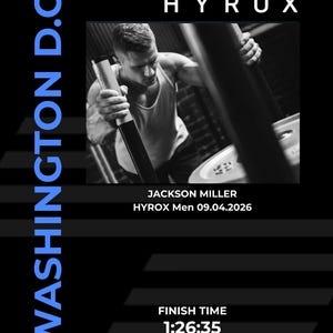 May include: A black and white graphic poster for HYROX Washington D.C. featuring a person exercising. Text includes HYROX, WASHINGTON D.C., JACKSON MILLER, HYROX Men 09.04.2026, and FINISH TIME 1:26:35. The design uses a black background with blue accents.