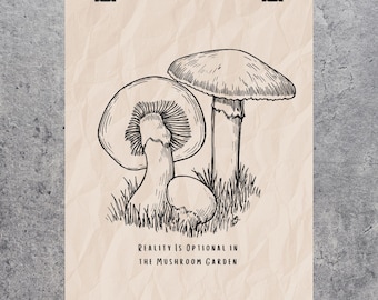 Póster vertical mate de hongos esbozados / Ilustración botánica de hongos