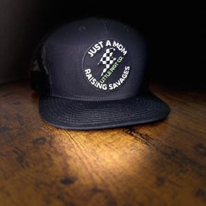 Just a Mom Raising Savages" Patch Adult All Black Snapback