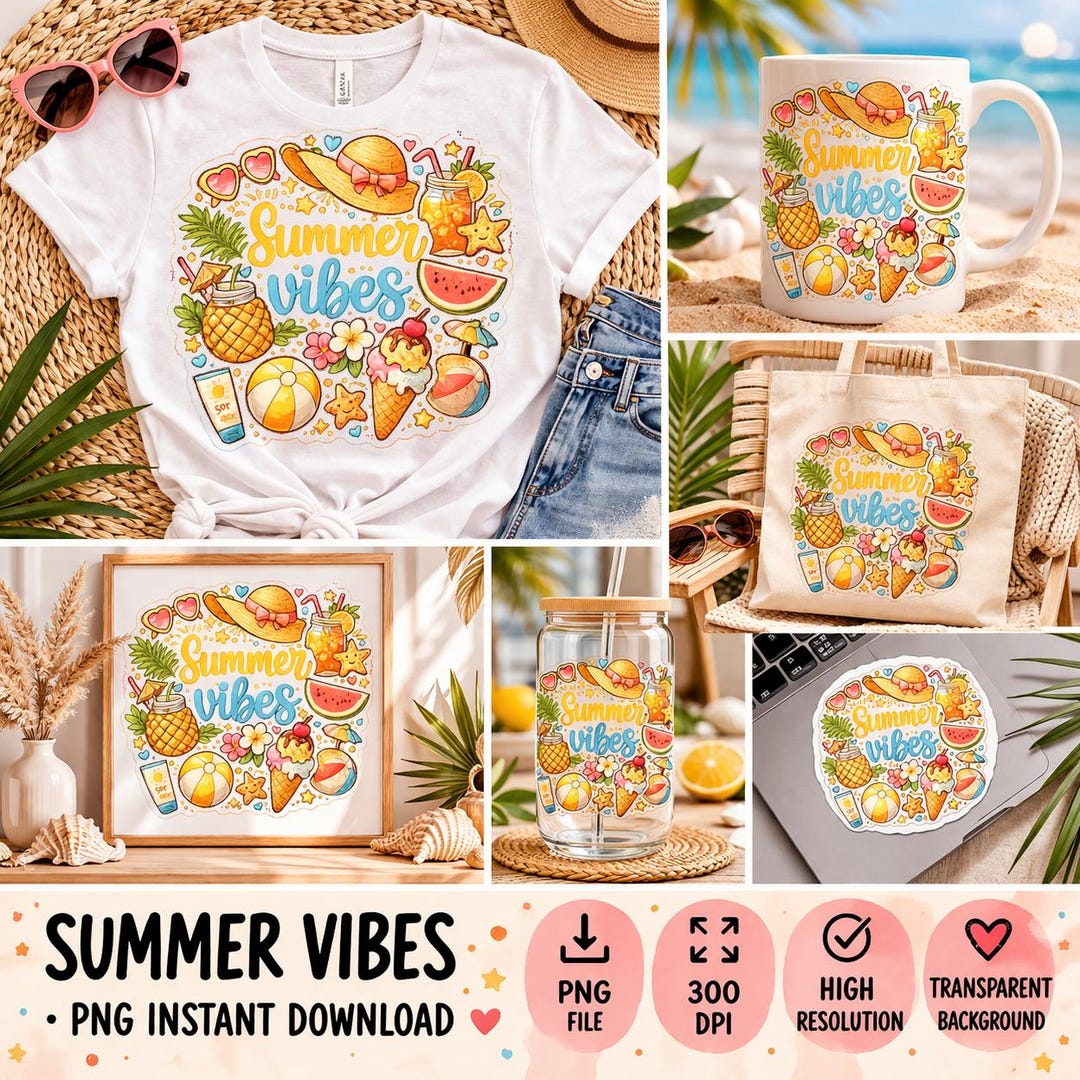 Summer Vibes PNG Clipart, Tropical Beach Sublimation Design (instant ...